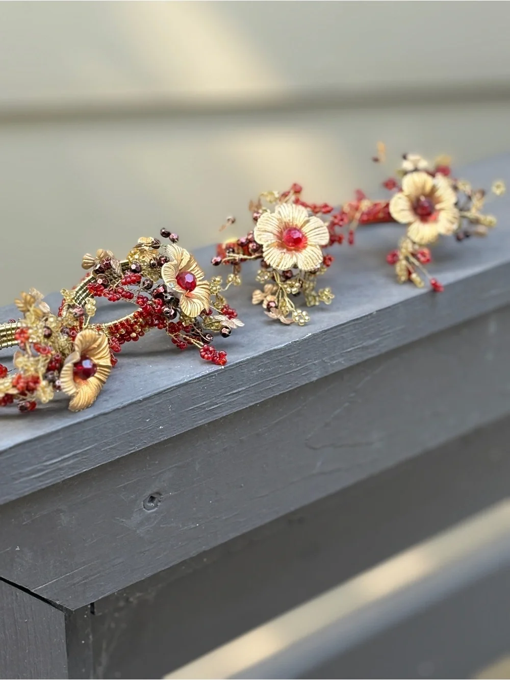Vintage Pier 1, Beaded Floral Napkin Rings Set of 4 | Gold, Copper & Ruby Red